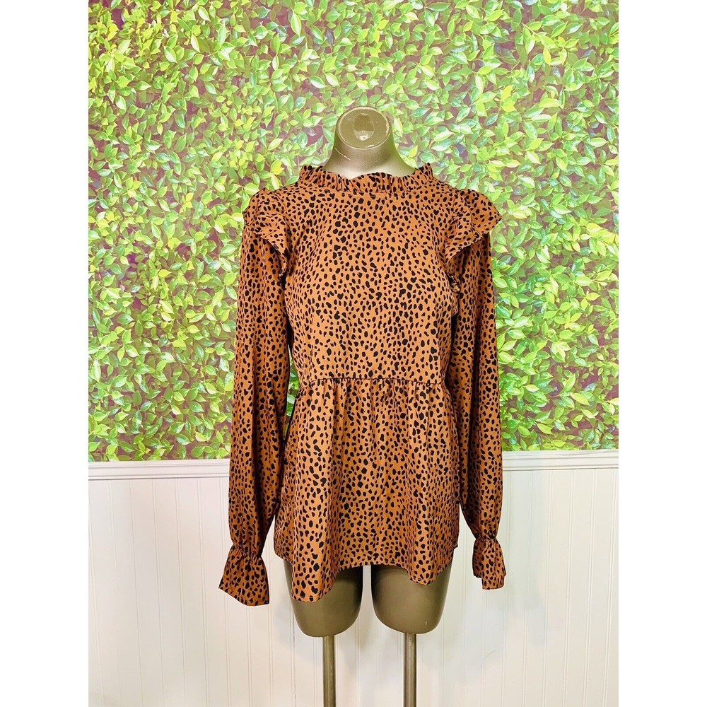 Brand New Leopard Print Blouse Size Small With Ruffles On The Shoulders/Wrists